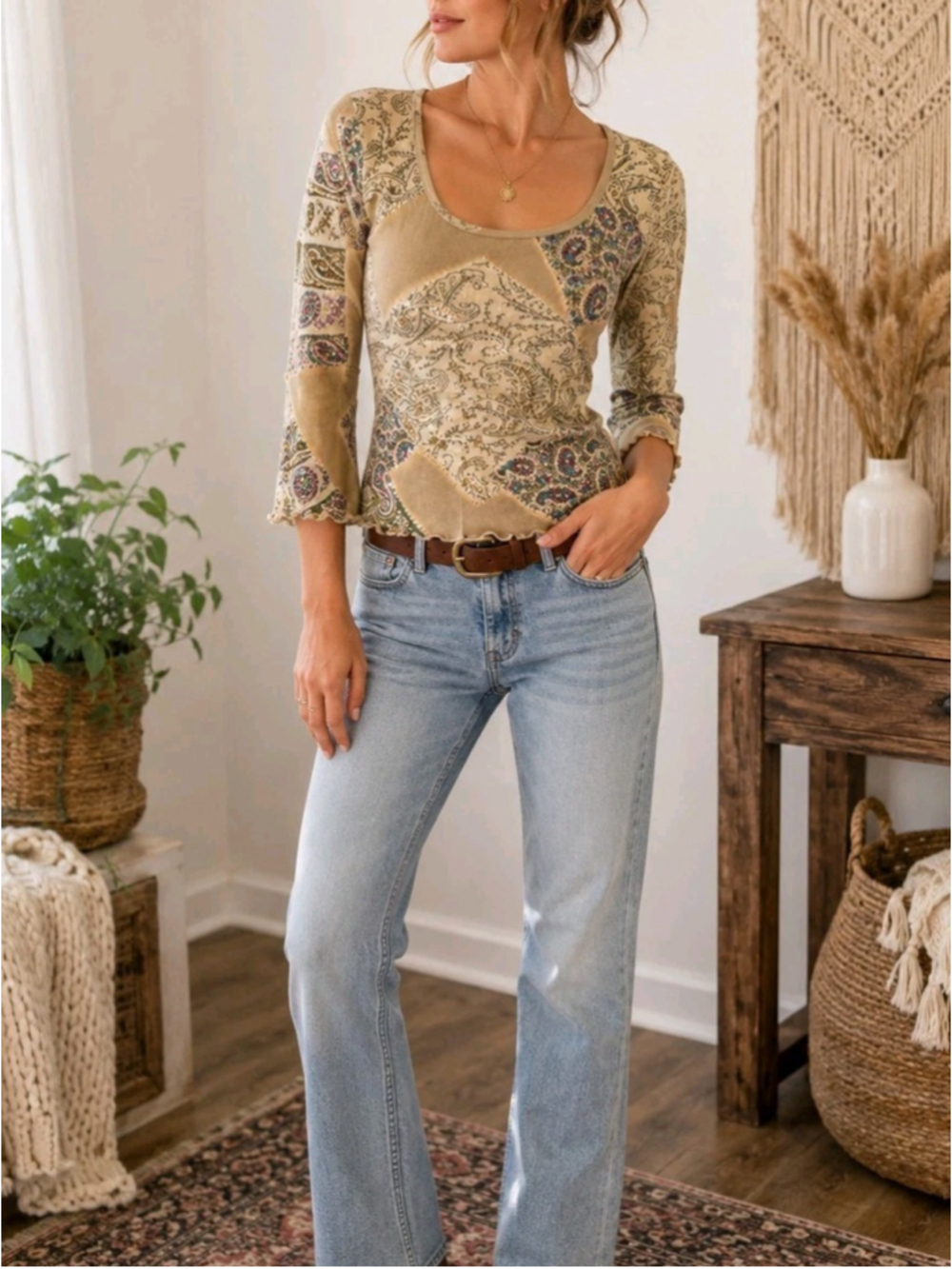 Chaudry B NWT Sample Top Sz S Paisley Patchwork Beaded Sequin Y2K Boho Cotton